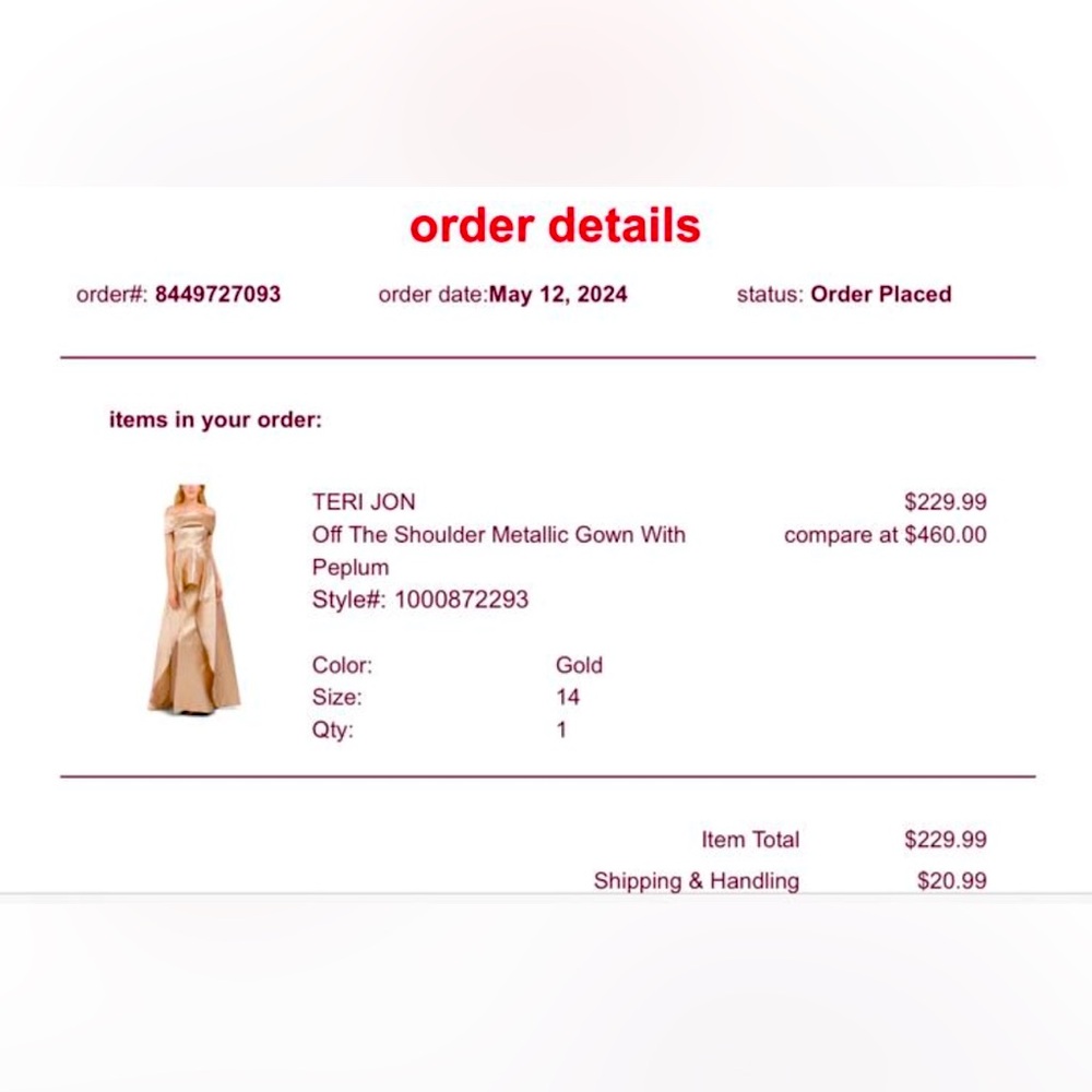 Teri Jon Gold Off The Shoulder Metallic Gown